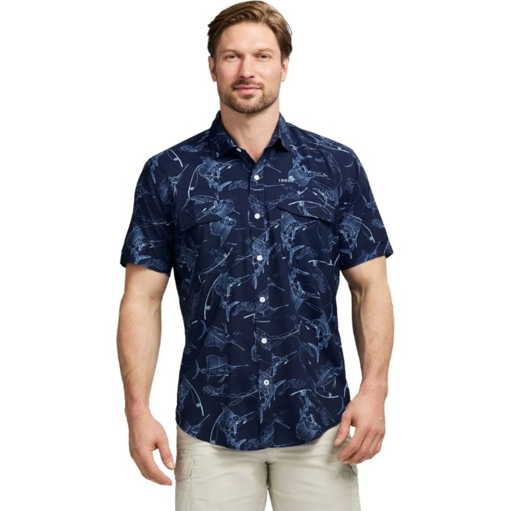 IZOD Saltwater‎ Mens XXL Navy Blue Marlin Fishing Print Performance Shirt NWOT